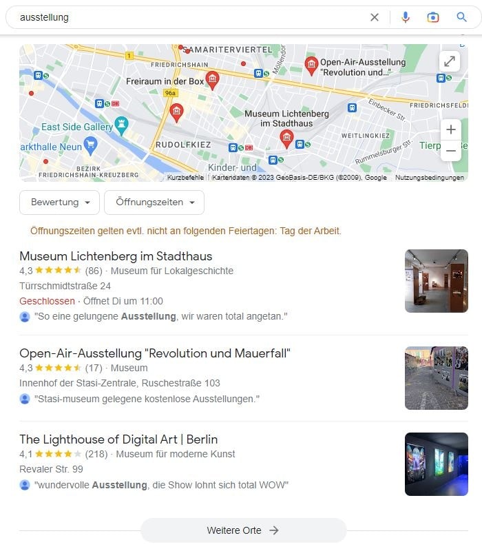 Local SEO für Ausstellungen, Museen und Galerien am Beispiel des Keywords Ausstellung. Local SEO für Ausstellungen Google Maps