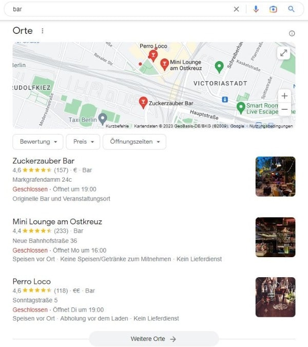 Lokales Suchergebnis für Bar mit Google Maps Local SEO für Bars Google Suche