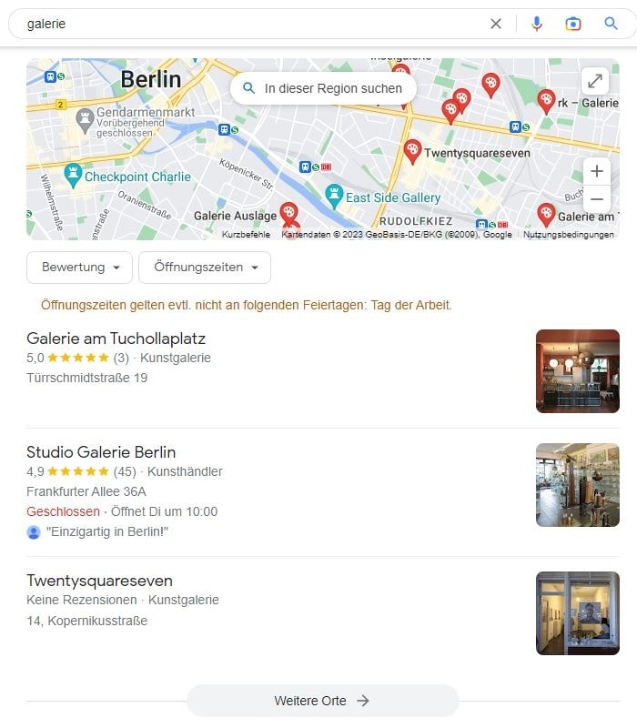Local SEO für Ausstellungen, Museen und Galerien am Beispiel des Keywords Galerie. Local SEO für Galerien Google Maps