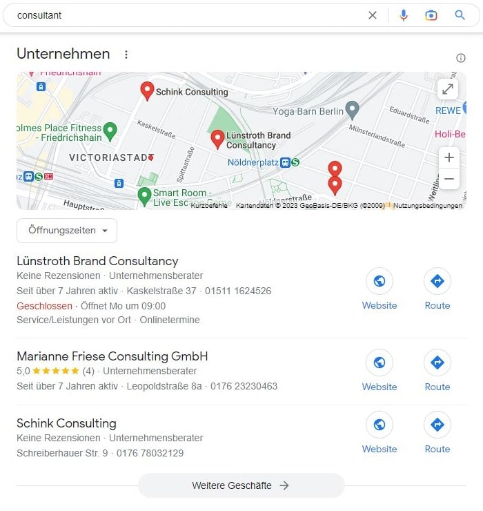 SEO für Unternehmensberater mit Google Maps am Beispiel des Keywords "Consultant". Local SEO für Unternehmensberater Beispiel Consultant Google Maps