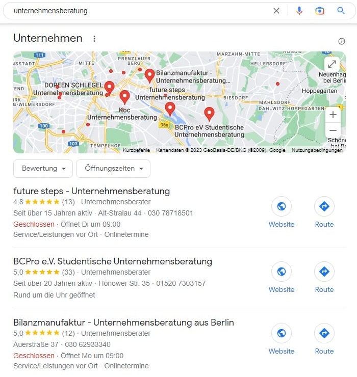 SEO für Unternehmensberater mit Google Maps am Beispiel des Keywords "Unternehmensberatung". Local SEO für Unternehmensberater Beispiel Unternehmensberatung Google Maps