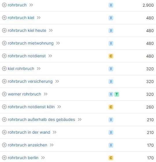 SEO für Handwerker am Beispiel der Keyword-Recherche für "Rohrbruch". SEO für Handwerker Keywords und Suchvolumina Rohrbruch