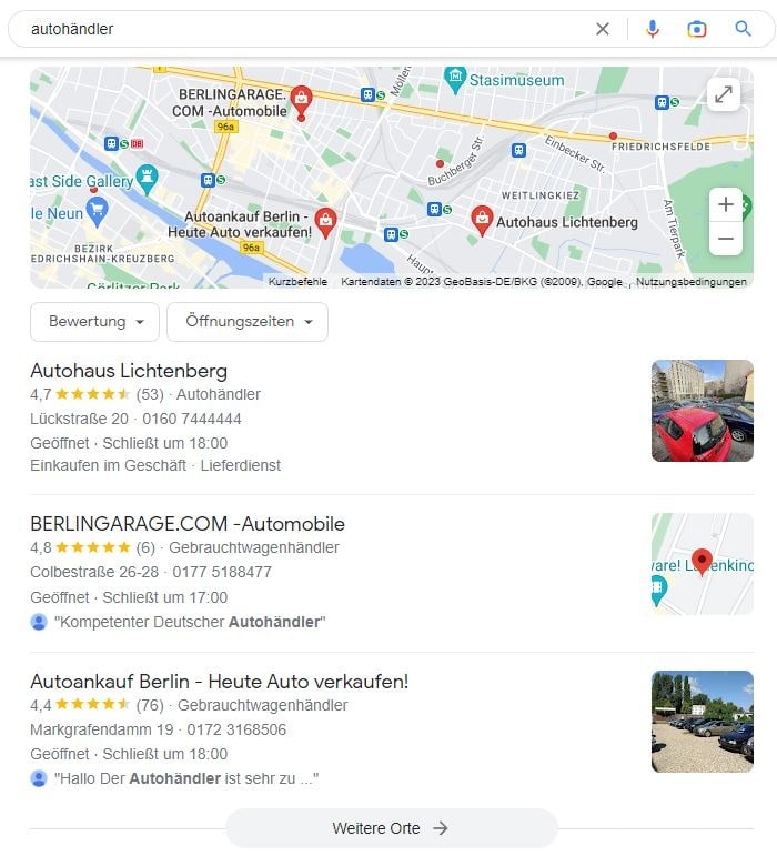 SEO für Autohaus mit lokaler Suchintention und Google Maps Local SEO für Autohändler Google Maps Screenshot