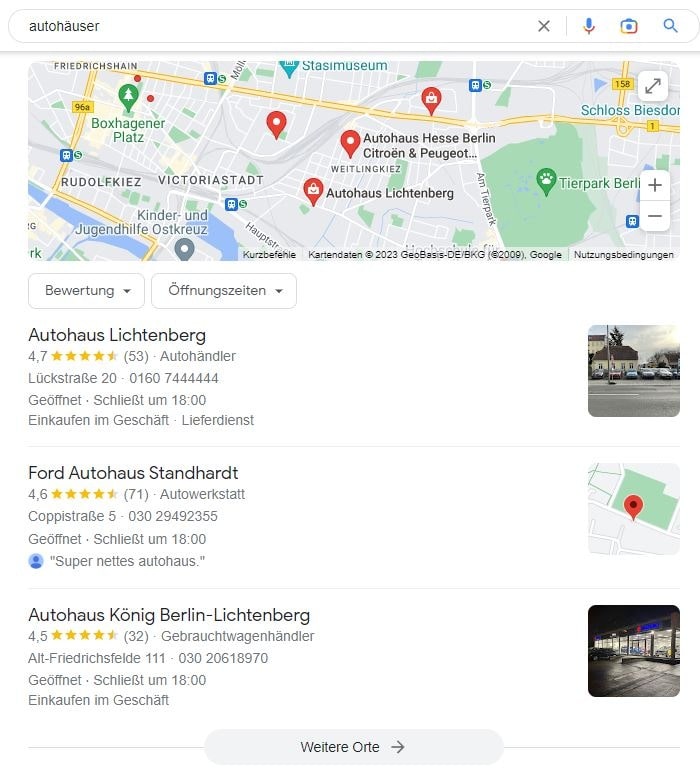 SEO für Autohaus mit lokaler Suchintention und Google Maps Local SEO für Autohäuser Google Maps Screenshot