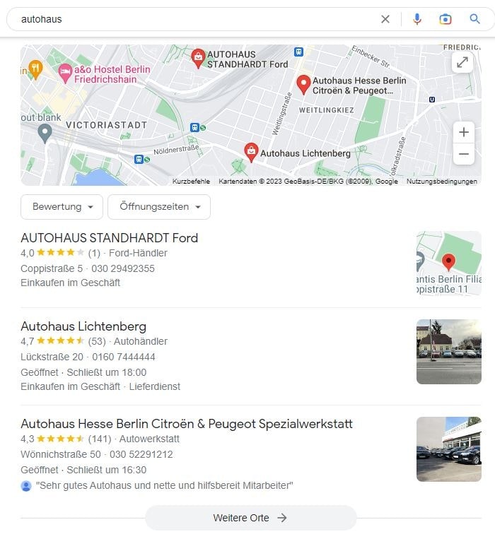 SEO für Autohaus mit lokaler Suchintention und Google Maps Local SEO für Autohaus Google Maps Screenshot