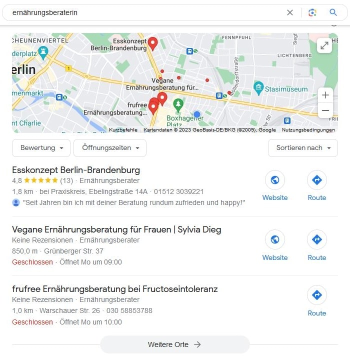 SEO für Ernährungsberaterin mit lokaler Suchintention und Google Maps Local SEO für Ernährungsberaterin Google Maps Screenshot