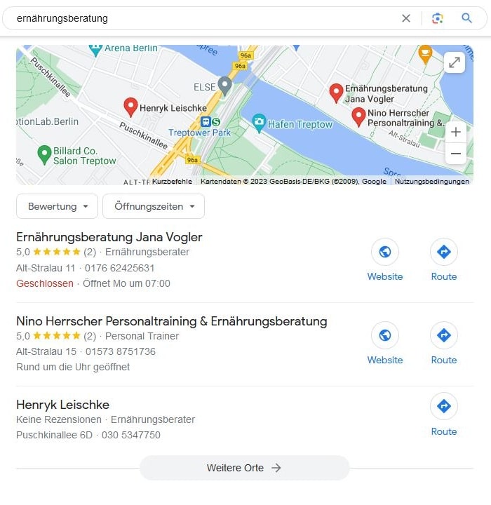 SEO für Ernährungsberatung mit lokaler Suchintention und Google Maps Local SEO für Ernährungsberatung Google Maps Screenshot