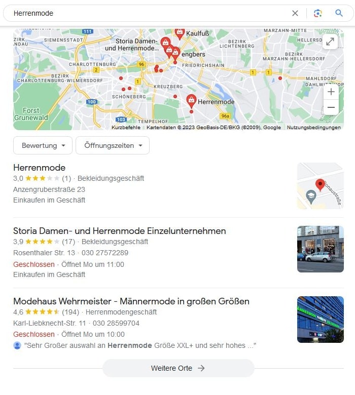 SEO für Herrenmode mit lokaler Suchintention und Google Maps Local SEO für Herrenmode Google Maps Screenshot