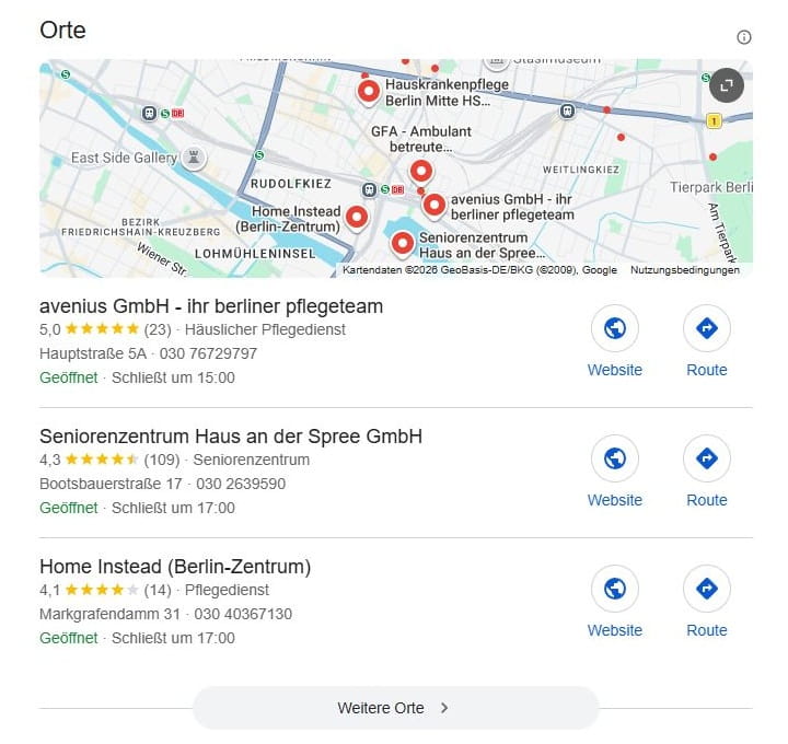 SEO für Altenpflege mit lokaler Suchintention und mit Google Maps Local SEO für Altenpflege