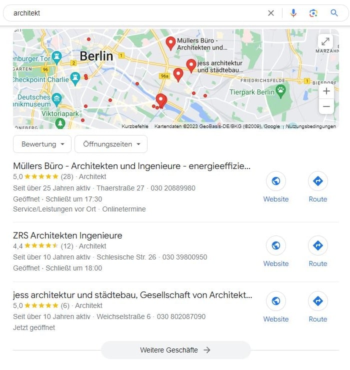 SEO für Architekt mit lokaler Suchintention und Google Maps Local SEO für Architekt Google Maps Screenshot