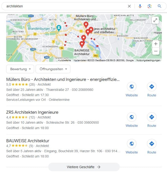 SEO für Architekten mit lokaler Suchintention und Google Maps Local SEO für Architekten Maps Screenshot
