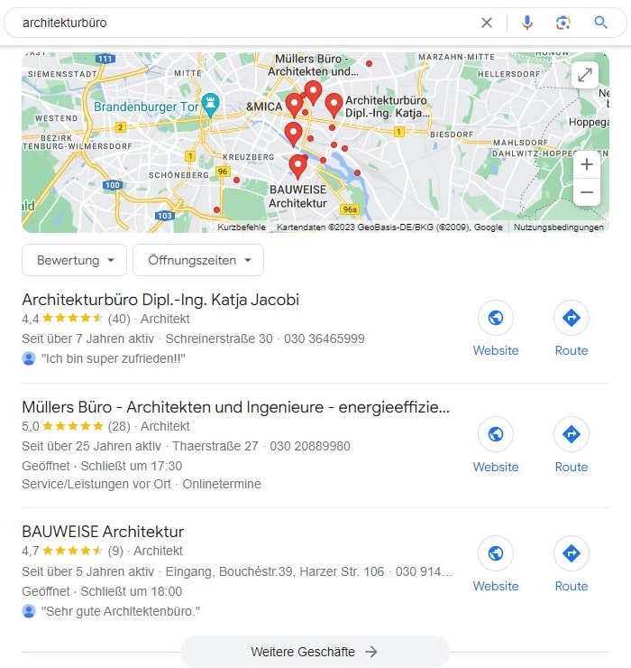 SEO für Architekturbuero mit lokaler Suchintention und Google Maps Local SEO für Architekturbuero Maps Screenshot