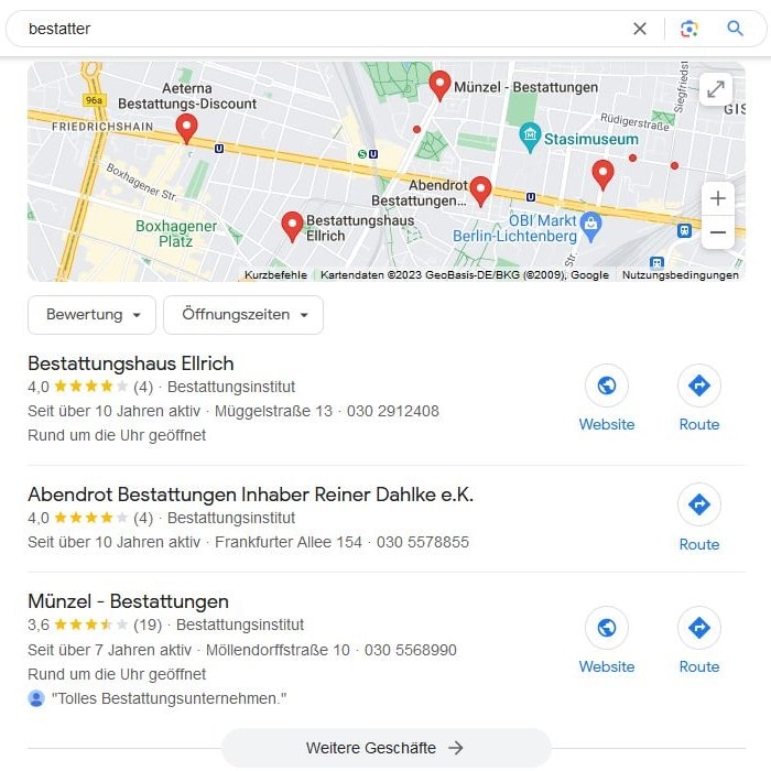 SEO für Bestatter mit lokaler Suchintention und Google Maps Local SEO für Bestatter Maps Screenshot