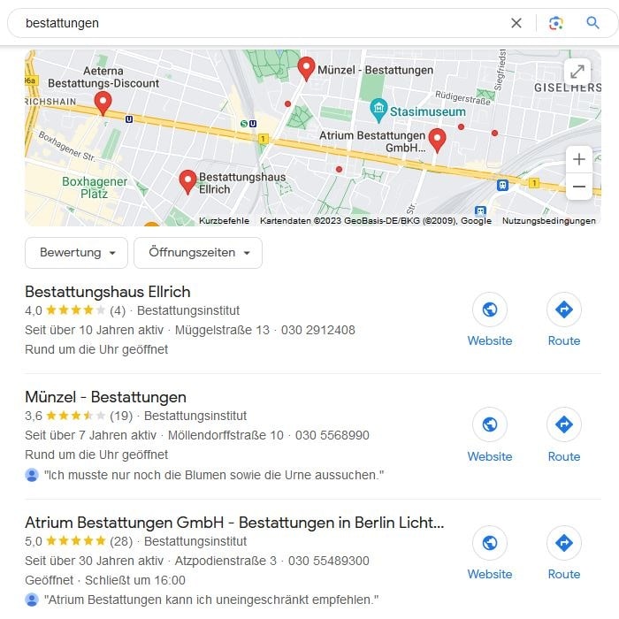 SEO für Bestattungen mit lokaler Suchintention und Google Maps Local SEO für Bestattungen Maps Screenshot