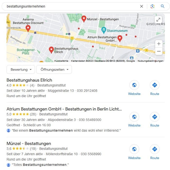 SEO für Bestattungsunternehmen mit lokaler Suchintention und Google Maps Local SEO für Bestattungsunternehmen Maps Screenshot