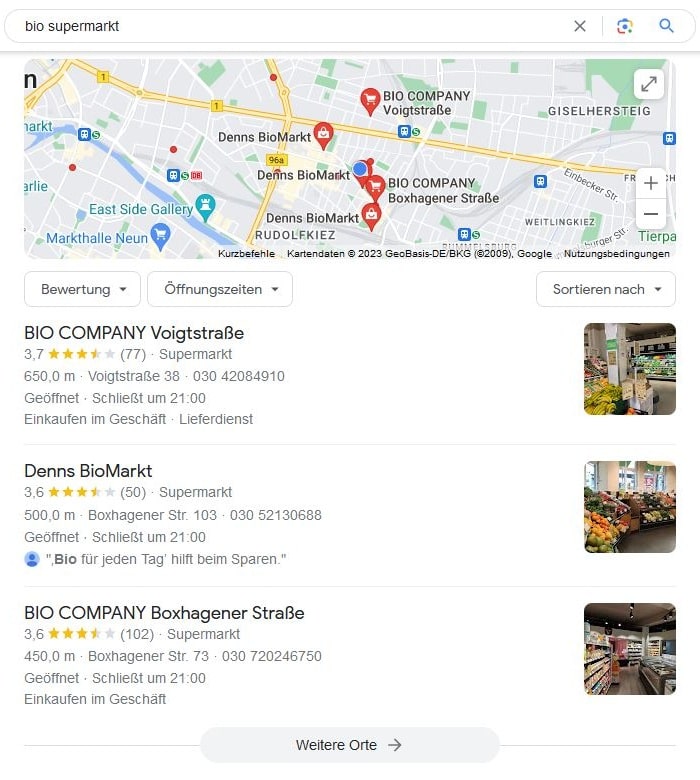 SEO für Bio Supermarkt mit lokaler Suchintention und Google Maps Local SEO für Bio Supermarkt Google Maps Screenshot