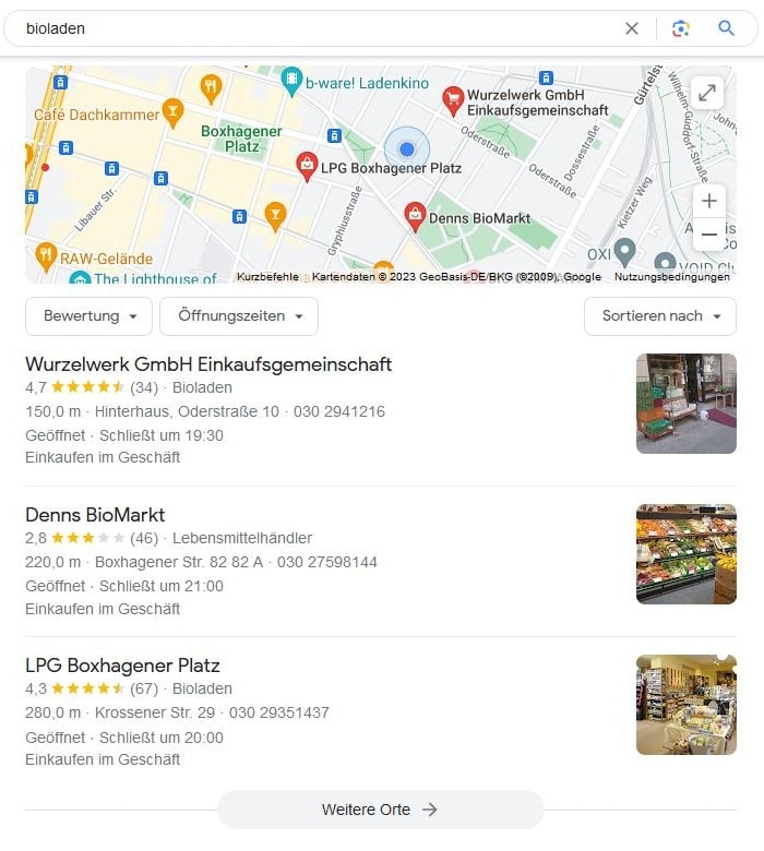 SEO für Bioladen mit lokaler Suchintention und Google Maps Local SEO für Bioladen Google Maps Screenshot