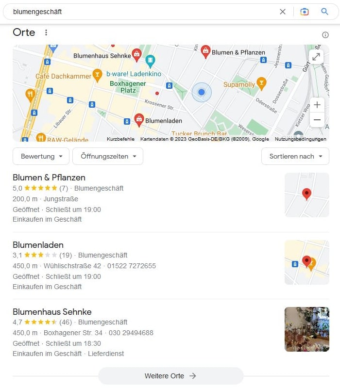 SEO für Blumengeschäfte mit lokaler Suchintention und Google Maps Local SEO für Blumengeschäft Google Maps Screenshot