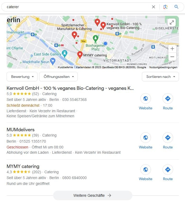 SEO für Caterer mit lokaler Suchintention und Google Maps Local SEO für Caterer Google Maps Screenshot