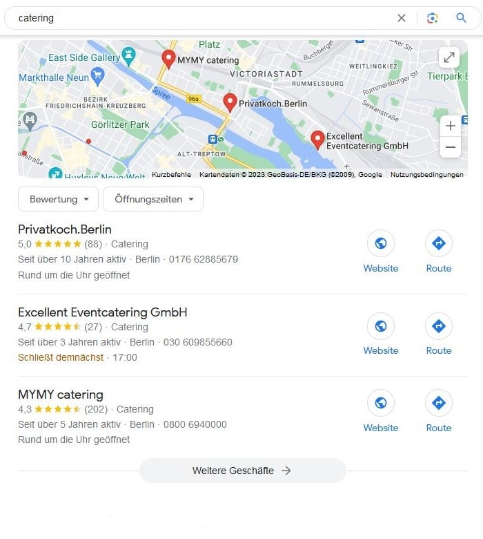 SEO für Catering mit lokaler Suchintention und Google Maps Local SEO für Catering Google Maps Screenshot