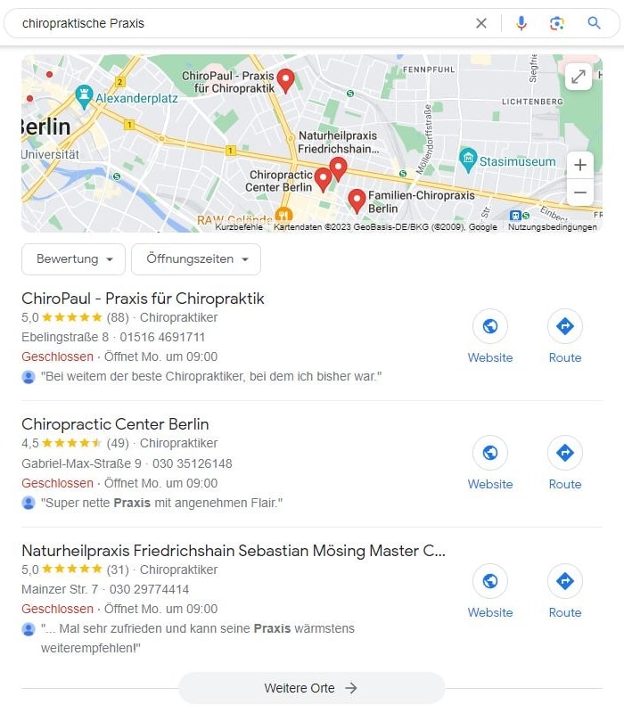SEO für Chiropraktische Praxis mit lokaler Suchintention und mit Google Maps Local SEO für Chiropraktische Praxis Maps Screenshot
