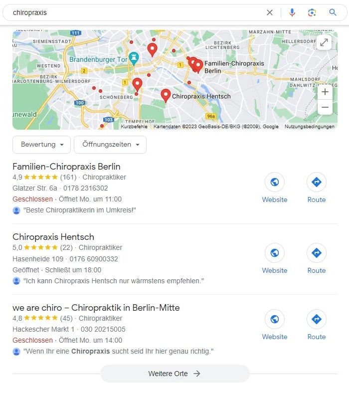 SEO für Chiropraxis mit lokaler Suchintention und Google Maps Local SEO für Chiropraxis Maps Screenshot