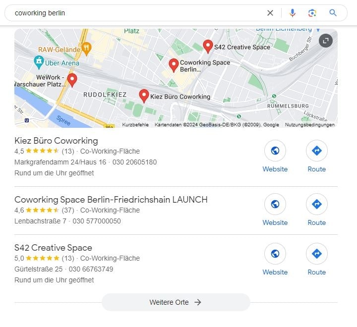 SEO für Coworking Berlin lokaler Suchintention und Google Maps Local SEO für Coworking Berlin Google Maps Screenshot