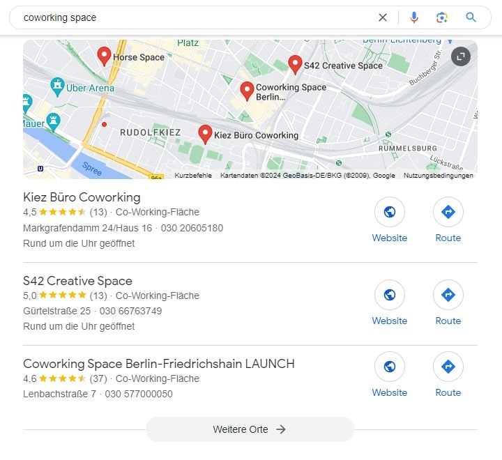 SEO für Coworking Space mit lokaler Suchintention und Google Maps Local SEO für Coworking Space Google Maps Screenshot