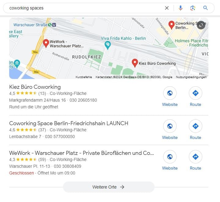 SEO für Coworking Spaces mit lokaler Suchintention und mit Google Maps Local SEO für Coworking Spaces Google Maps Screenshot