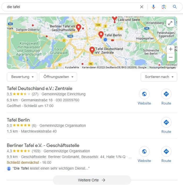 Local SEO für Die Tafeln mit lokaler Suchintention und Google Maps Local SEO für Die Tafeln Maps Screenshot