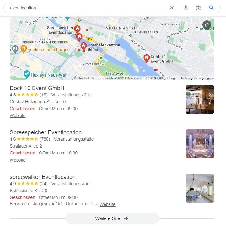 SEO für Eventlocation mit lokaler Suchintention und Google Maps Local SEO für Eventlocation Google Maps Screenshot