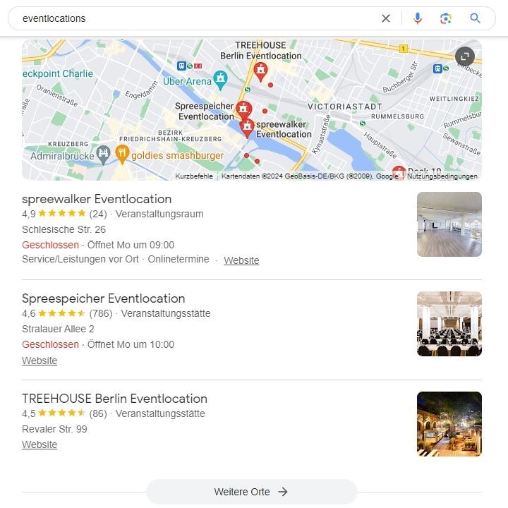 SEO für Eventlocations mit lokaler Suchintention und mit Google Maps Local SEO für Eventlocations Google Maps Screenshot