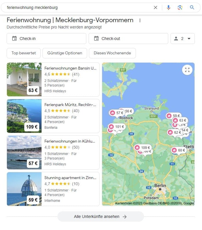 SEO für Ferienwohnung Mecklenburg mit lokaler Suchintention und Google Maps Local SEO für Ferienwohnung Mecklenburg-Vorpommern Maps Screenshot