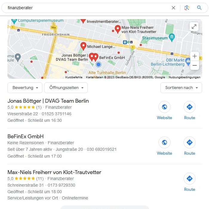 SEO für Finanzberater mit lokaler Suchintention und Google Maps Local SEO für Finanzberater Google Maps Screenshot