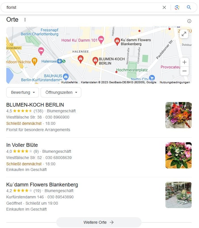 SEO für Floristen mit lokaler Suchintention und Google Maps Local SEO für Florist Google Maps Screenshot