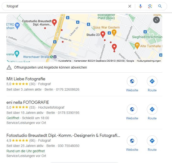 SEO für Fotograf mit lokaler Suchintention und mit Google Maps Local SEO für Fotograf Berlin Google Maps Screenshot