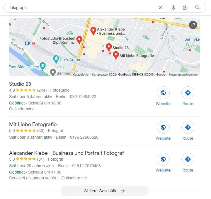 SEO für Fotograph mit lokaler Suchintention und mit Google Maps Local SEO für Fotograph Berlin Google Maps Screenshot
