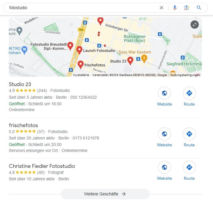 SEO für Fotostudio mit lokaler Suchintention und mit Google Maps Local SEO für Fotostudio Berlin Google Maps Screenshot
