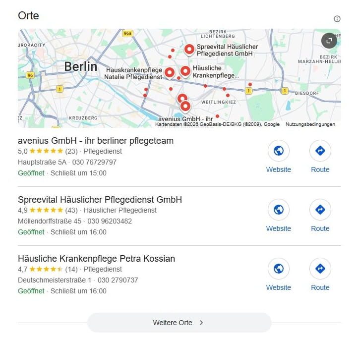 SEO für Häusliche Pflege mit lokaler Suchintention und mit Google Maps Local SEO für Häusliche Pflege