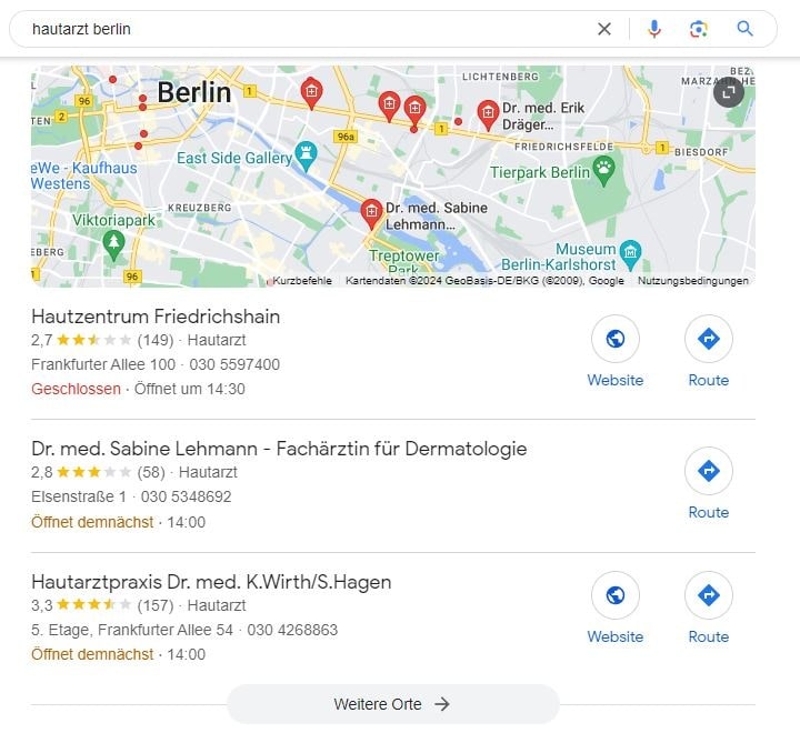 SEO für Hautarzt Berlin mit lokaler Suchintention und mit Google Maps Local SEO für Hautarzt Berlin Google Maps Screenshot