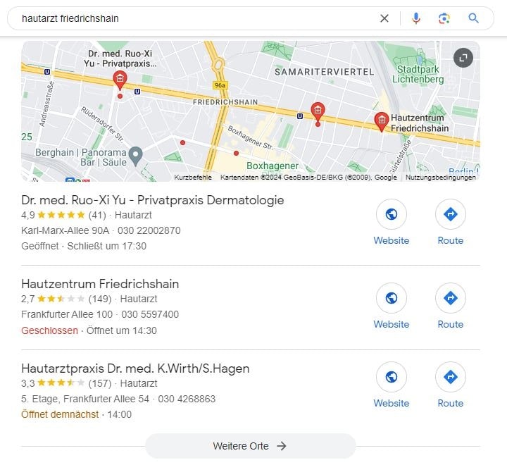 SEO für Hautarzt Friedrichshain mit lokaler Suchintention und Google Maps Local SEO für Hautarzt Friedrichshain Google Maps Screenshot