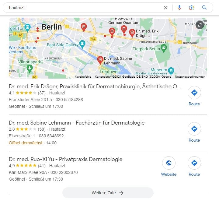 SEO für Hautarzt mit lokaler Suchintention und Google Maps Local SEO für Hautarzt Google Maps Screenshot