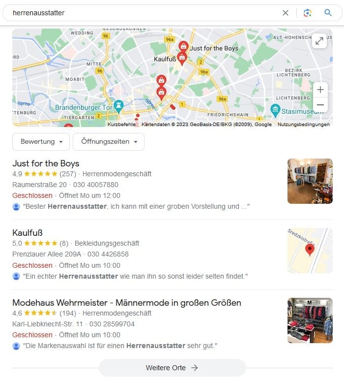 SEO für Herrenausstatter mit lokaler Suchintention und Google Maps Local SEO für Herrenausstatter Google Maps Screenshot