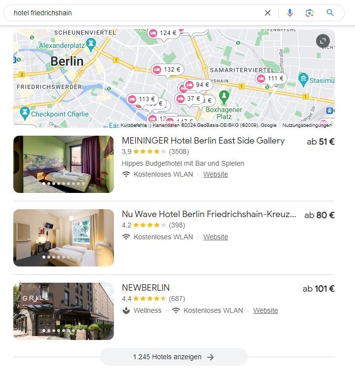 SEO für Hotel Friedrichshain mit lokaler Suchintention und Google Maps Local SEO für Hotel Friedrichshain Google Maps Screenshot
