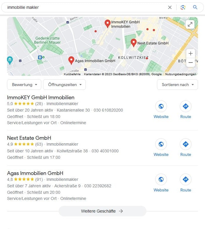 SEO für Versicherungsmakler mit lokaler Suchintention und Google Maps Local SEO für Immobilien Makler Google Maps Screenshot