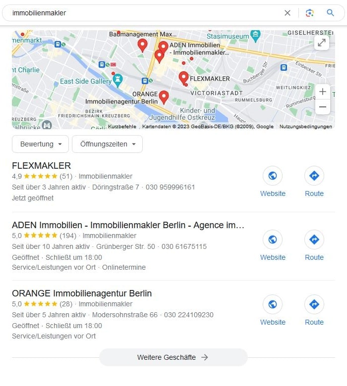 SEO für Immobilienmakler mit lokaler Suchintention und Google Maps Local SEO für Immobilienmakler Google Maps Screenshot