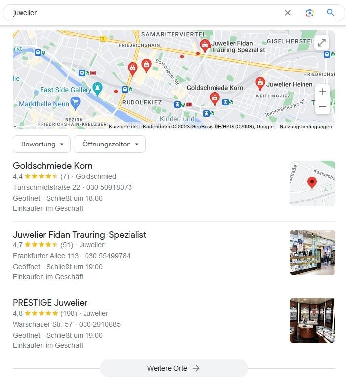 SEO für Juwelier mit lokaler Suchintention und Google Maps Local SEO für Juwelier Google Maps Screenshot