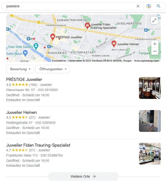 SEO für Juweliere mit lokaler Suchintention und Google Maps Local SEO für Juweliere Google Maps Screenshot