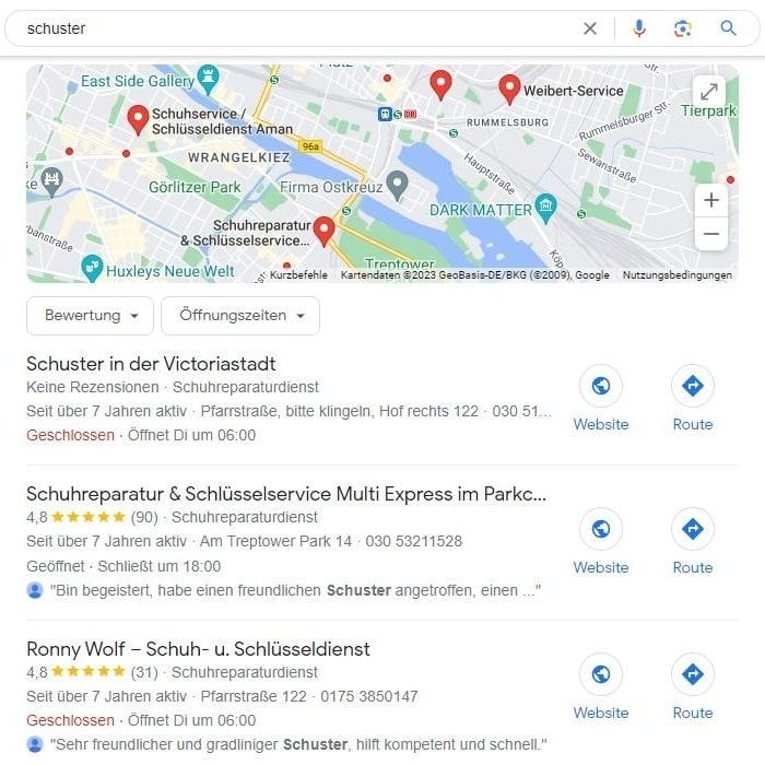 SEO für Kleinbetrieb Schuster mit lokaler Suchintention und Google Maps Local SEO für Kleinbetriebe Schuster Maps Screenshot
