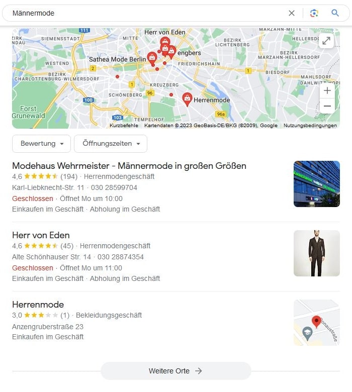 SEO für Männermode mit lokaler Suchintention und Google Maps Local SEO für Männermode Google Maps Screenshot